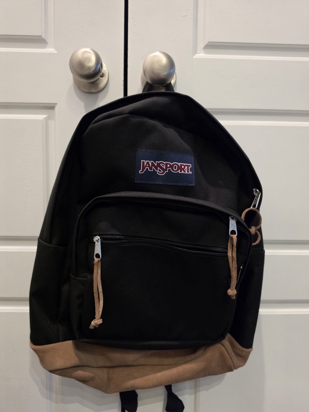 Jansport Black Backpack with Brown Suede-Style Base